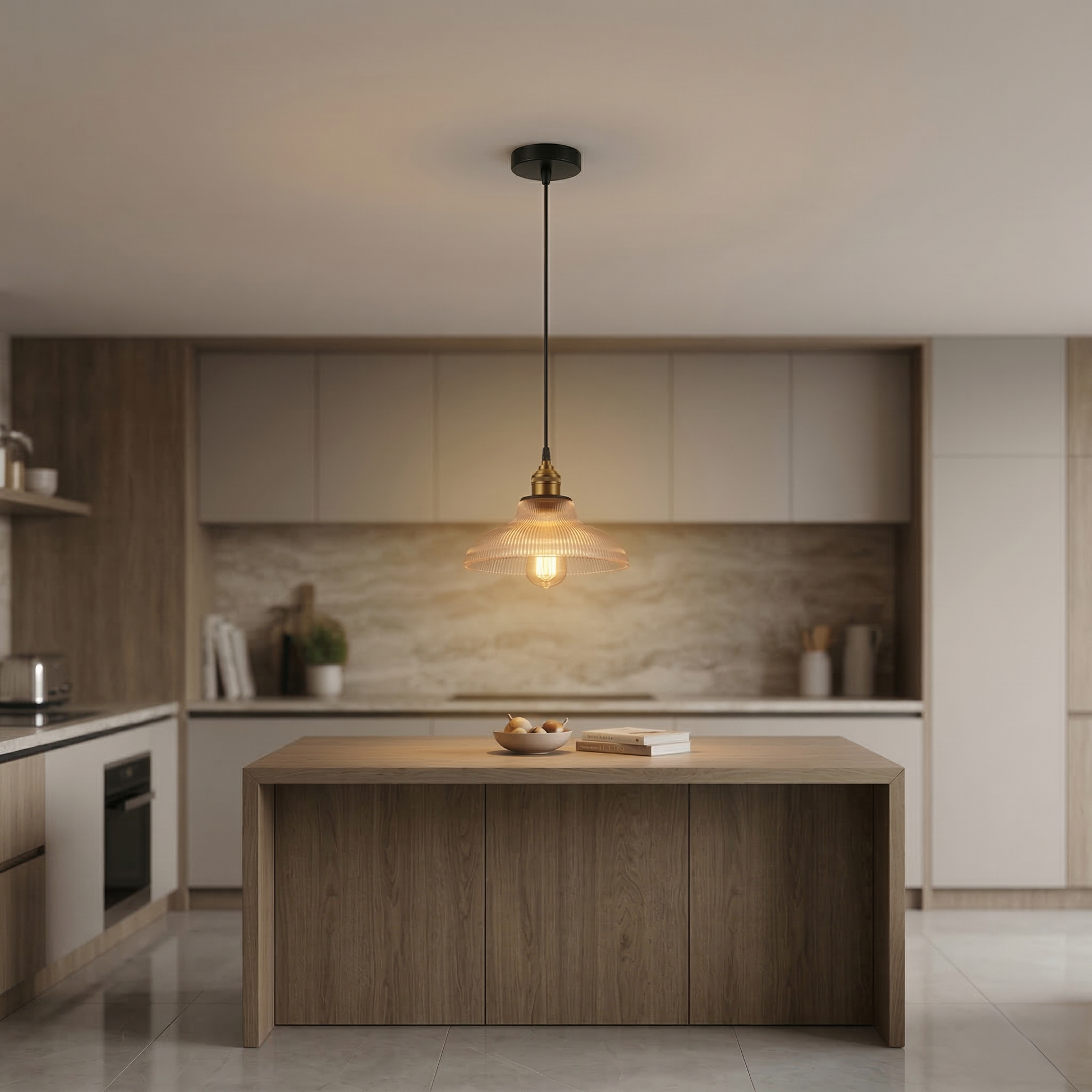 Pendant Lamp Vintage Style with Ribbed Glass Shade and Brass Fitting