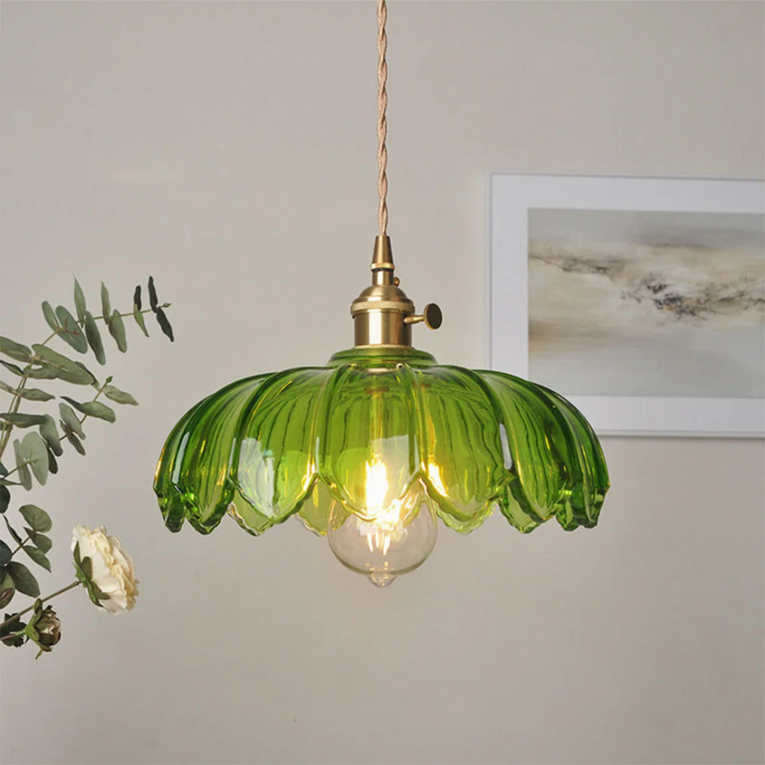 Pendant Lamp Vintage with Flower-Shaped Glass Shade and Brass Fitting