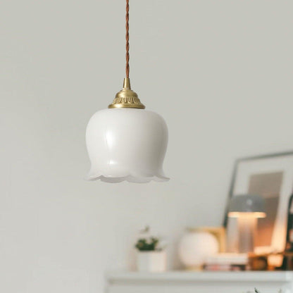 Pendant Lamp Vintage with Flower-Shaped Glass Shade and Brass Fitting