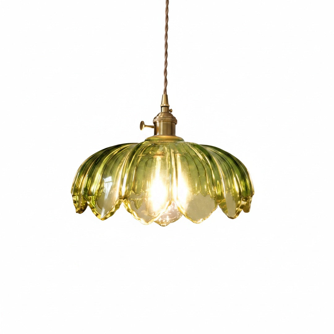 Pendant Lamp Vintage with Flower-Shaped Glass Shade and Brass Fitting