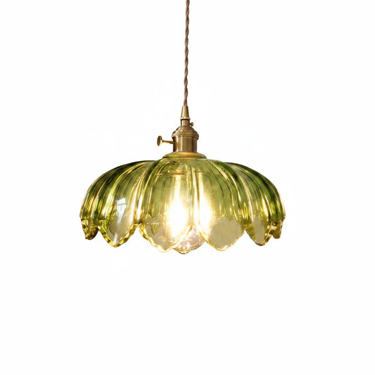 Pendant Lamp Vintage with Flower-Shaped Glass Shade and Brass Fitting