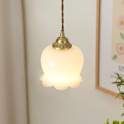 Pendant Lamp Vintage with Flower-Shaped Glass Shade and Brass Fitting
