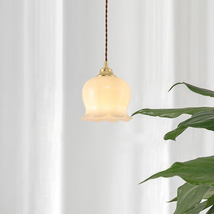 Pendant Lamp Vintage with Flower-Shaped Glass Shade and Brass Fitting