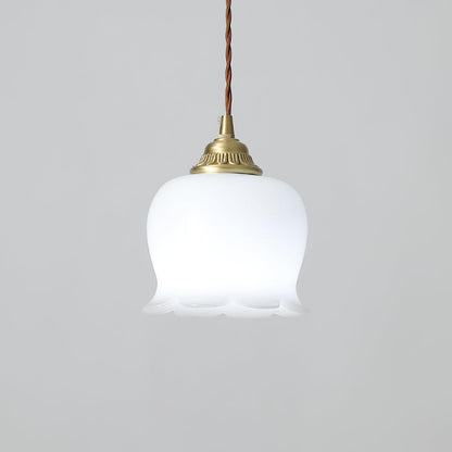 Pendant Lamp Vintage with Flower-Shaped Glass Shade and Brass Fitting