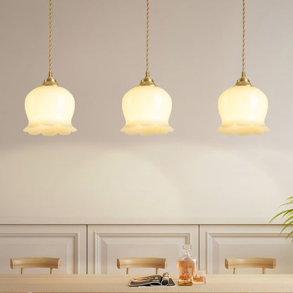 Pendant Lamp Vintage with Flower-Shaped Glass Shade and Brass Fitting