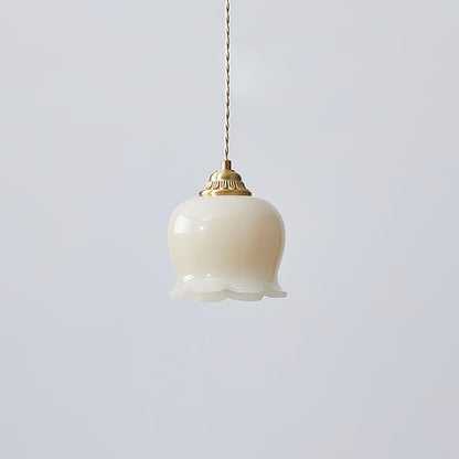 Pendant Lamp Vintage with Flower-Shaped Glass Shade and Brass Fitting