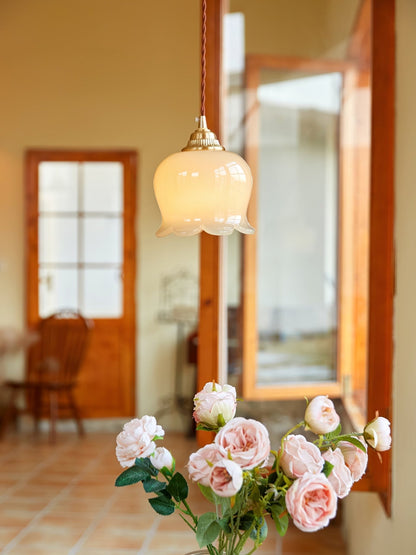 Pendant Lamp Vintage with Flower-Shaped Glass Shade and Brass Fitting
