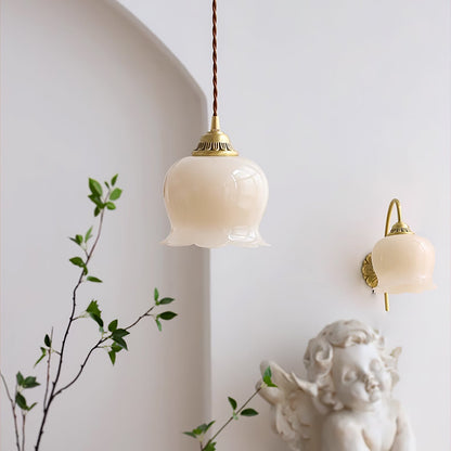 Pendant Lamp Vintage with Flower-Shaped Glass Shade and Brass Fitting