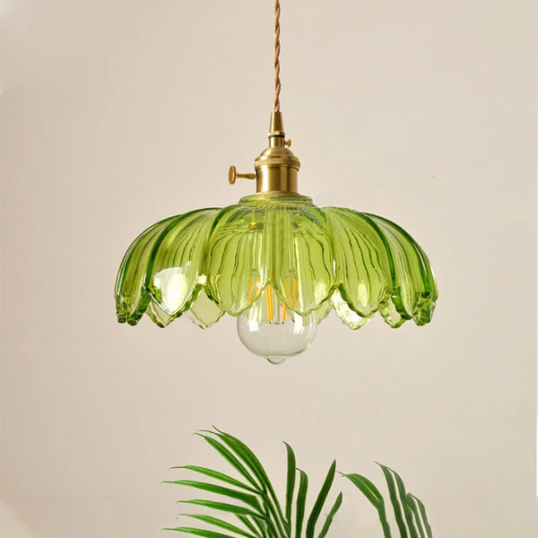 Pendant Lamp Vintage with Flower-Shaped Glass Shade and Brass Fitting