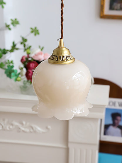 Pendant Lamp Vintage with Flower-Shaped Glass Shade and Brass Fitting