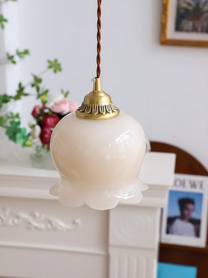 Pendant Lamp Vintage with Flower-Shaped Glass Shade and Brass Fitting