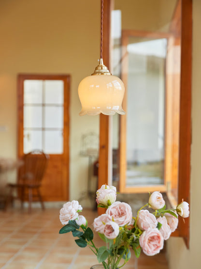 Pendant Lamp Vintage with Flower-Shaped Glass Shade and Brass Fitting