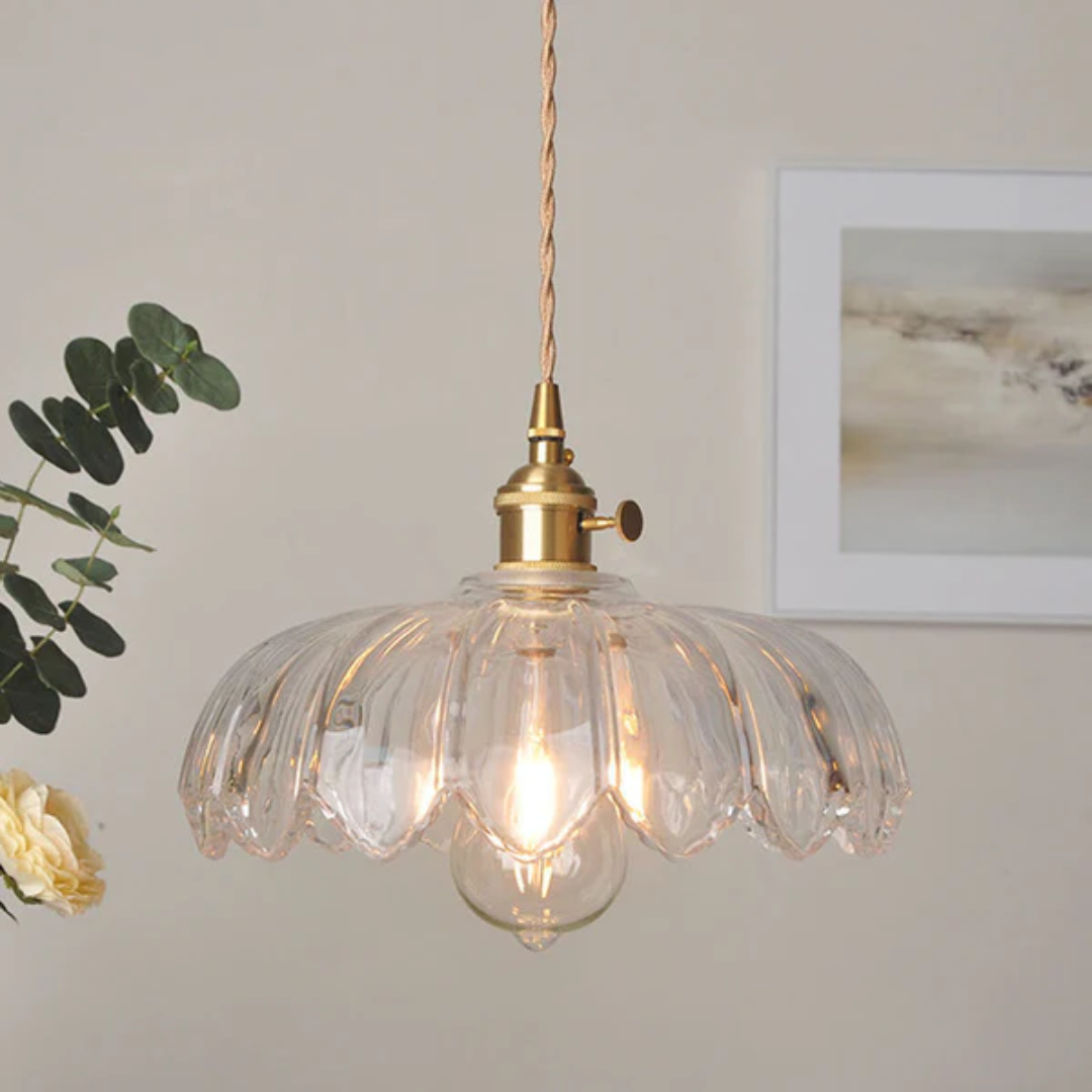 Pendant Lamp Vintage with Flower-Shaped Glass Shade and Brass Fitting