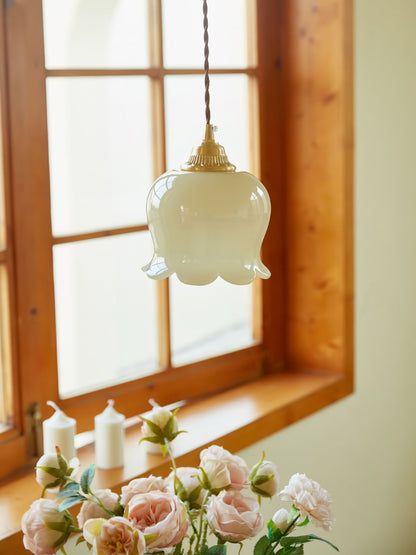 Pendant Lamp Vintage with Flower-Shaped Glass Shade and Brass Fitting