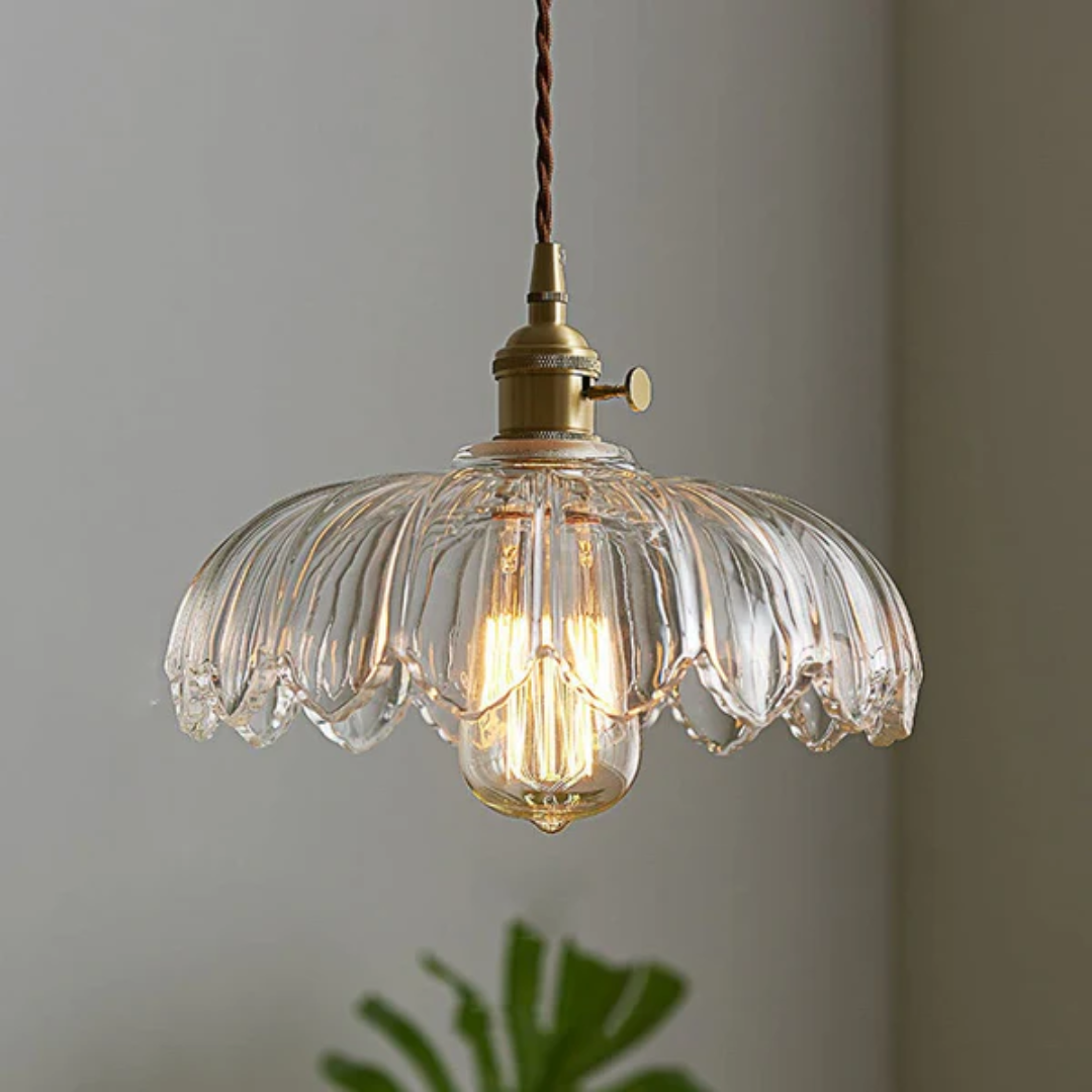 Pendant Lamp Vintage with Flower-Shaped Glass Shade and Brass Fitting