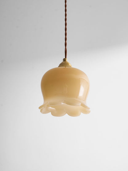 Pendant Lamp Vintage with Flower-Shaped Glass Shade and Brass Fitting