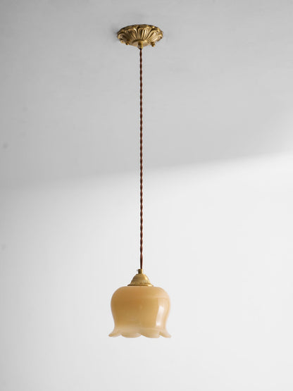 Pendant Lamp Vintage with Flower-Shaped Glass Shade and Brass Fitting