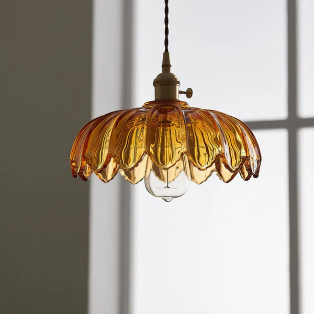 Pendant Lamp Vintage with Flower-Shaped Glass Shade and Brass Fitting