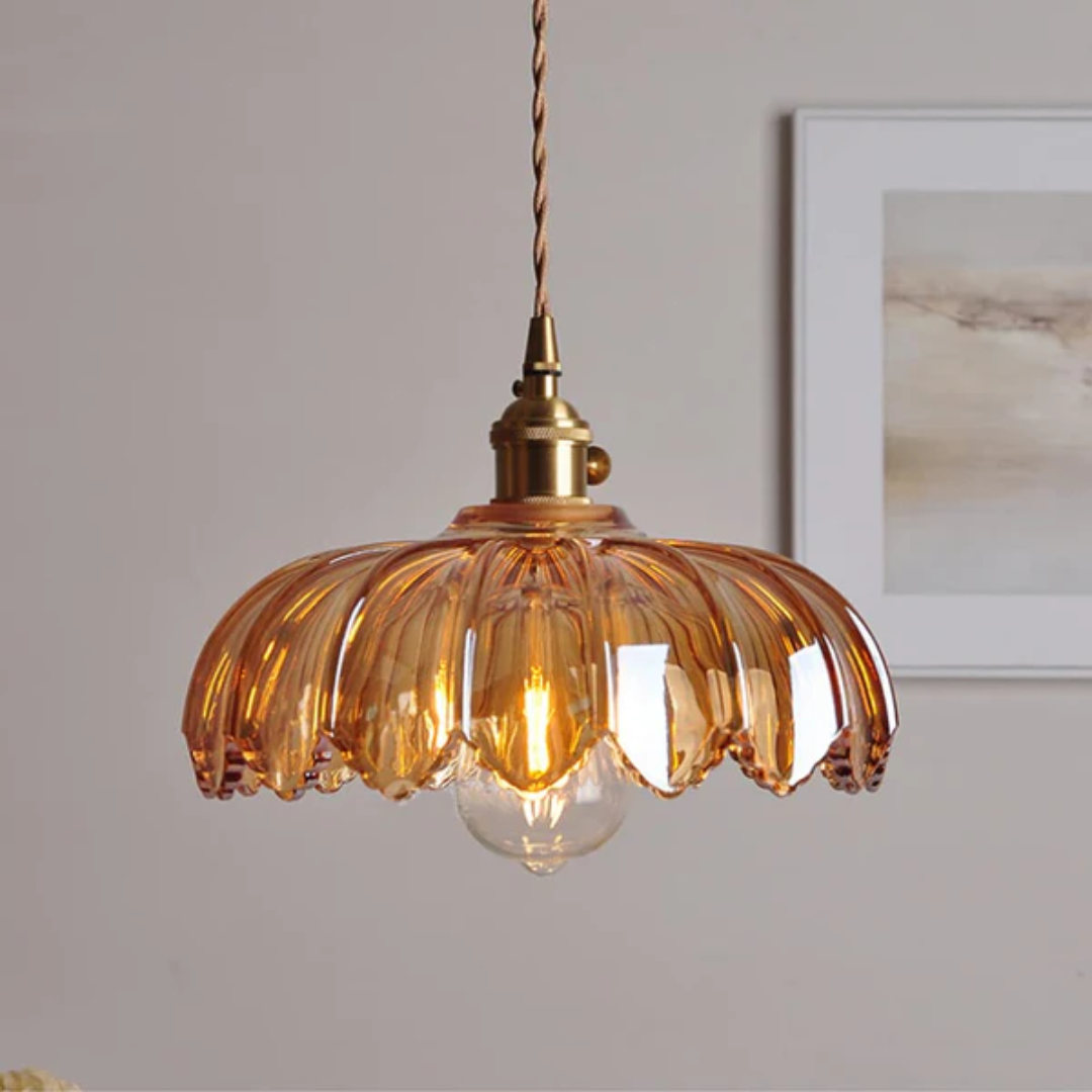 Pendant Lamp Vintage with Flower-Shaped Glass Shade and Brass Fitting