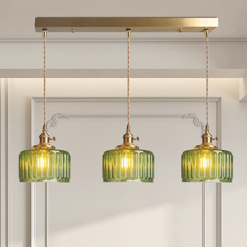 Pendant Lamp Vintage with Ribbed Glass Shade and Adjustable Height