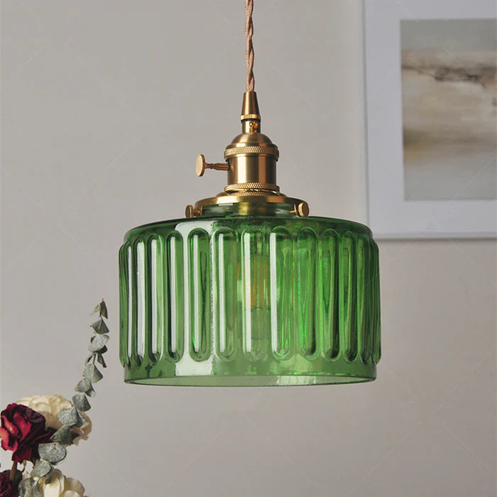 Pendant Lamp Vintage with Ribbed Glass Shade and Adjustable Height