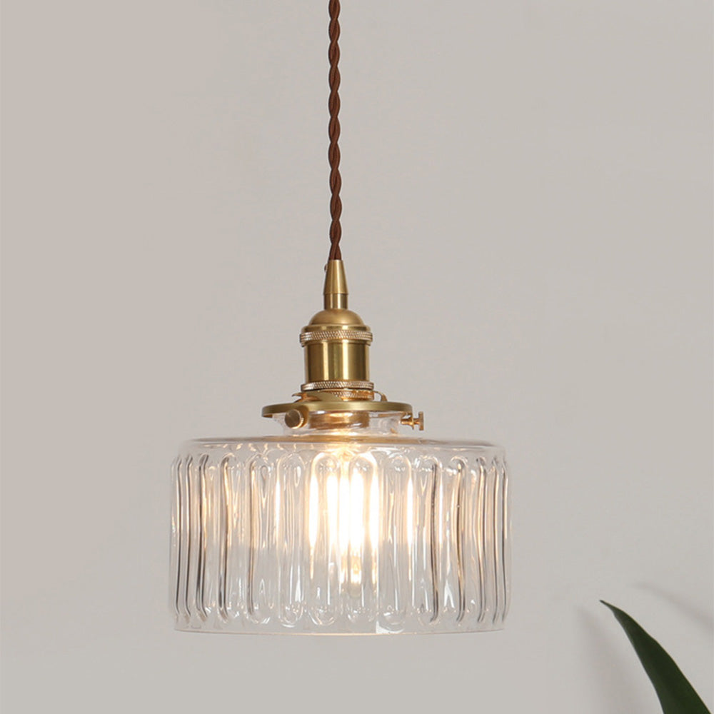 Pendant Lamp Vintage with Ribbed Glass Shade and Adjustable Height