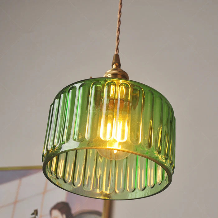 Pendant Lamp Vintage with Ribbed Glass Shade and Adjustable Height