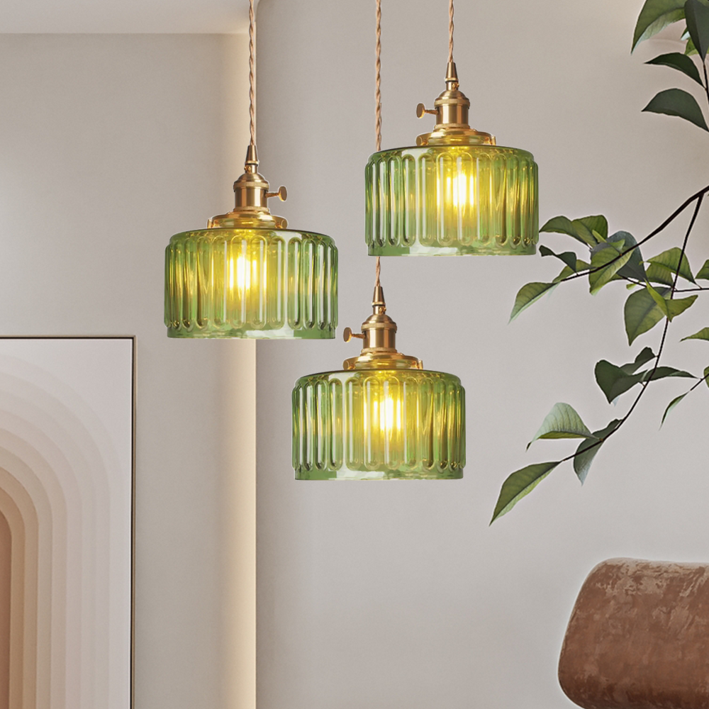 Pendant Lamp Vintage with Ribbed Glass Shade and Adjustable Height