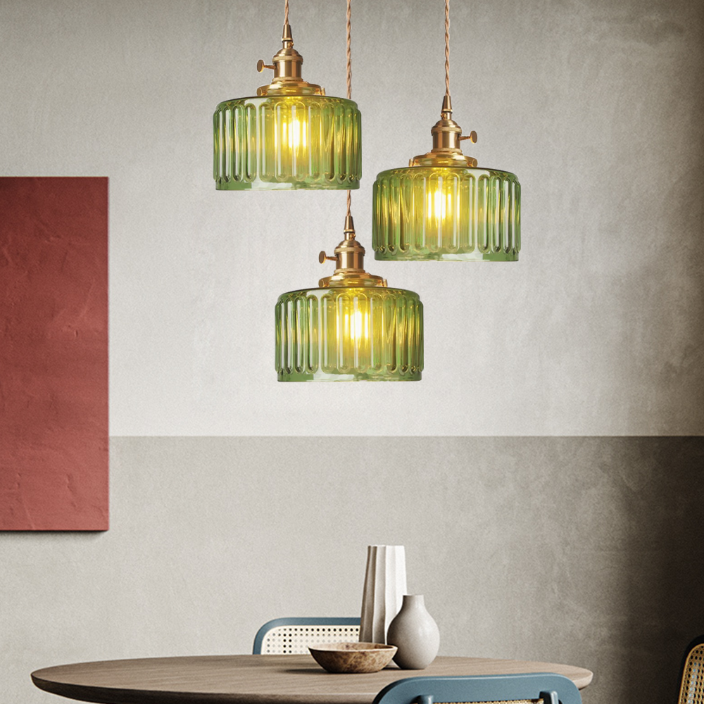 Pendant Lamp Vintage with Ribbed Glass Shade and Adjustable Height