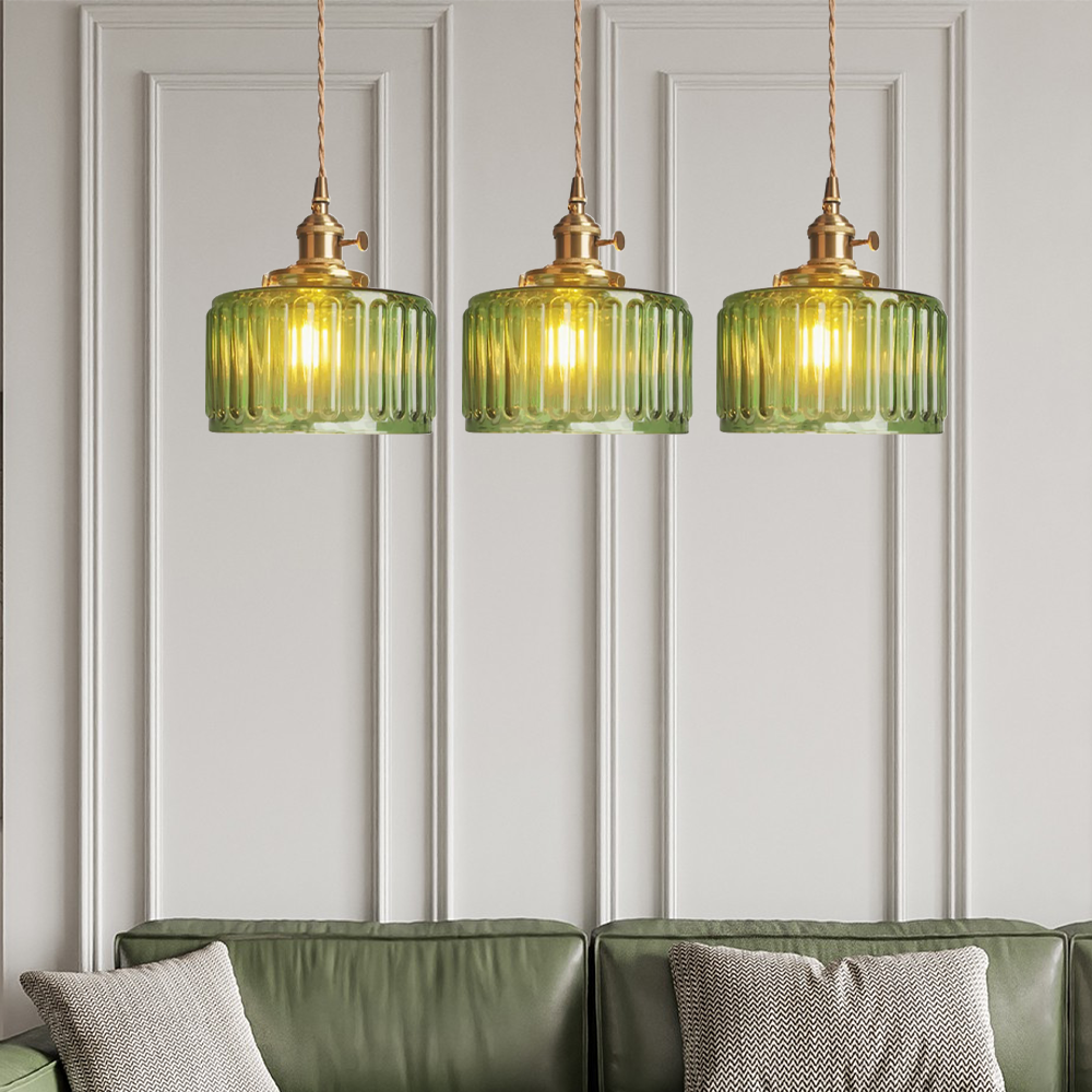 Pendant Lamp Vintage with Ribbed Glass Shade and Adjustable Height