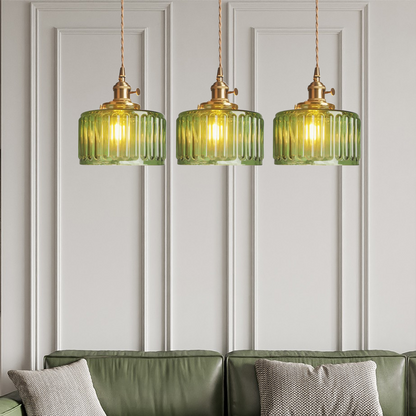 Pendant Lamp Vintage with Ribbed Glass Shade and Adjustable Height