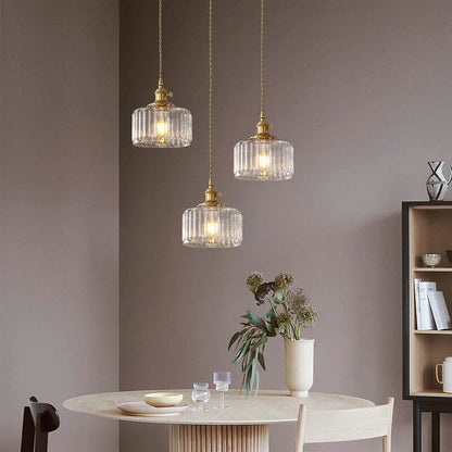 Pendant Lamp Vintage with Ribbed Glass Shade and Adjustable Height