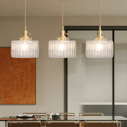 Pendant Lamp Vintage with Ribbed Glass Shade and Adjustable Height