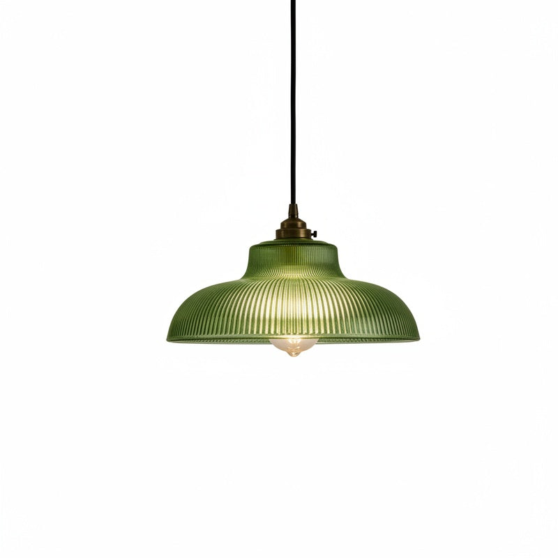 Pendant Lamp Vintage with Ribbed Glass Shade and Brass Fitting