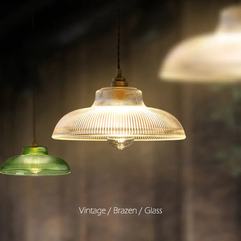 Pendant Lamp Vintage with Ribbed Glass Shade and Brass Fitting