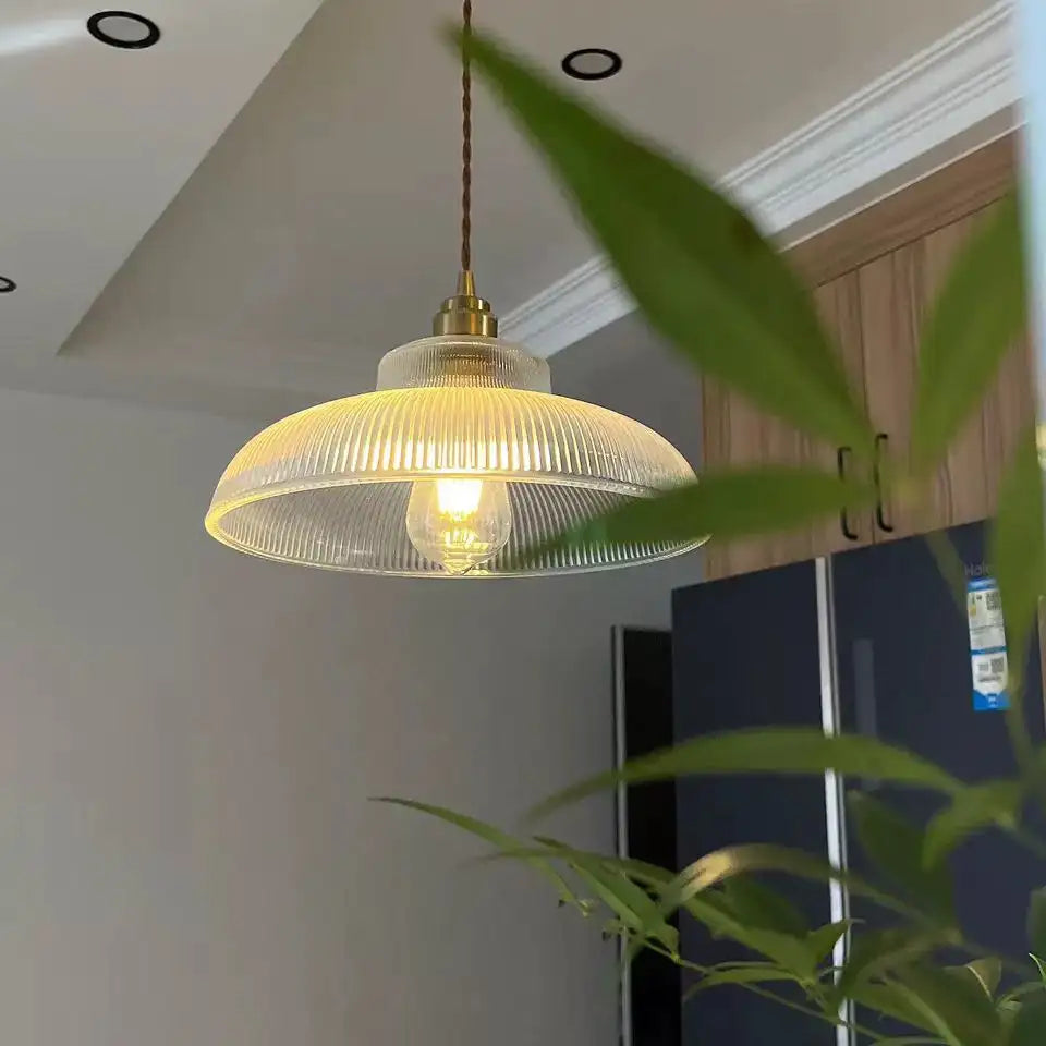 Pendant Lamp Vintage with Ribbed Glass Shade and Brass Fitting