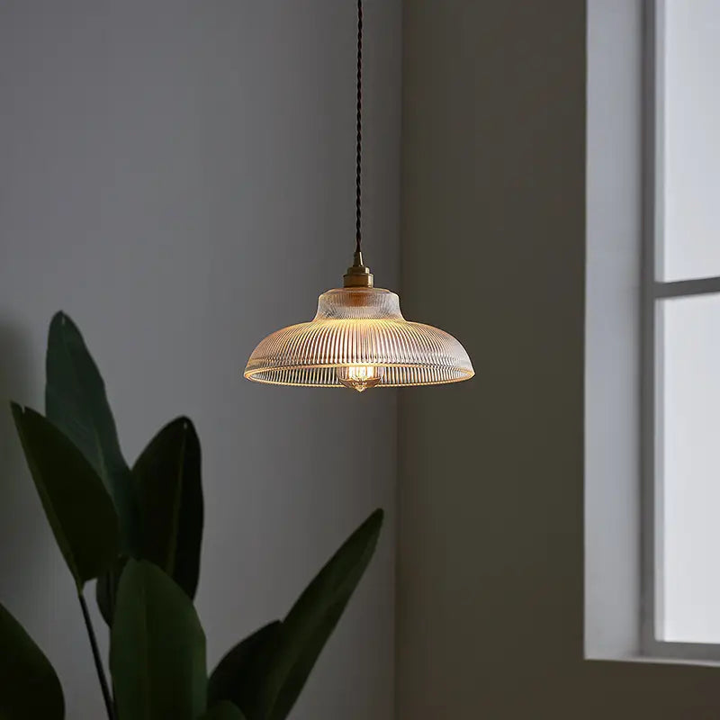 Pendant Lamp Vintage with Ribbed Glass Shade and Brass Fitting