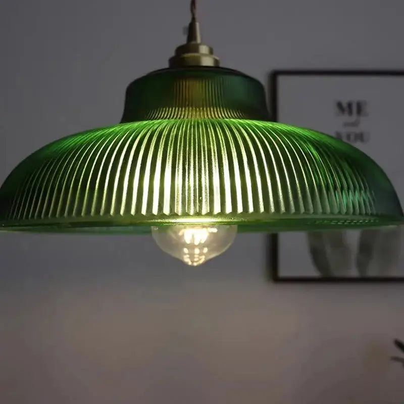 Pendant Lamp Vintage with Ribbed Glass Shade and Brass Fitting