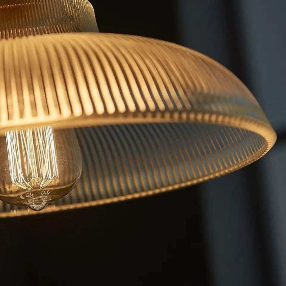 Pendant Lamp Vintage with Ribbed Glass Shade and Brass Fitting