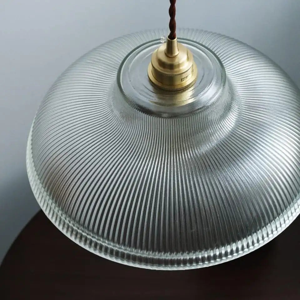 Pendant Lamp Vintage with Ribbed Glass Shade and Brass Fitting