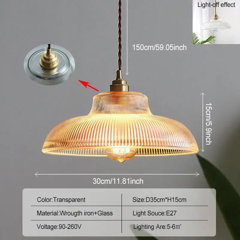 Pendant Lamp Vintage with Ribbed Glass Shade and Brass Fitting