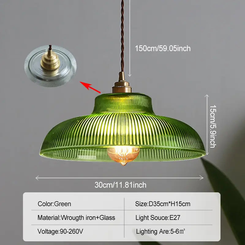 Pendant Lamp Vintage with Ribbed Glass Shade and Brass Fitting