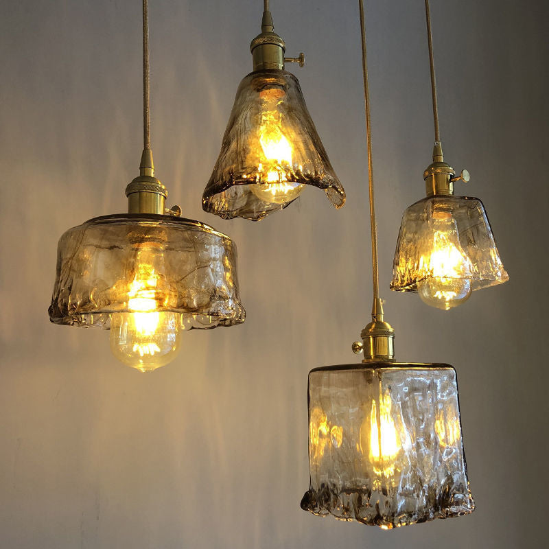 Pendant Lamp Vintage with Textured Glass Shade and Brass Fitting