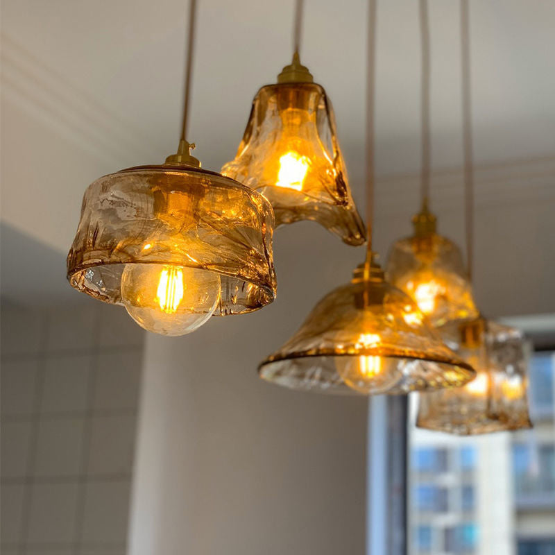 Pendant Lamp Vintage with Textured Glass Shade and Brass Fitting
