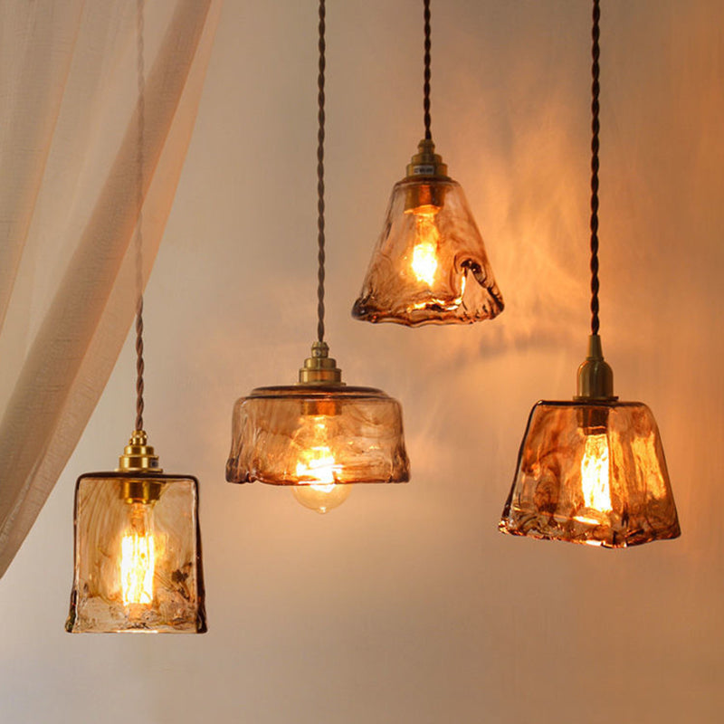 Pendant Lamp Vintage with Textured Glass Shade and Brass Fitting