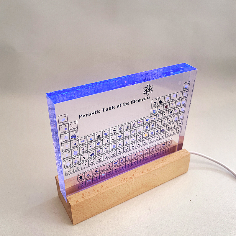Periodic Table of Elements Acrylic Display with LED Light Base and Real Elements