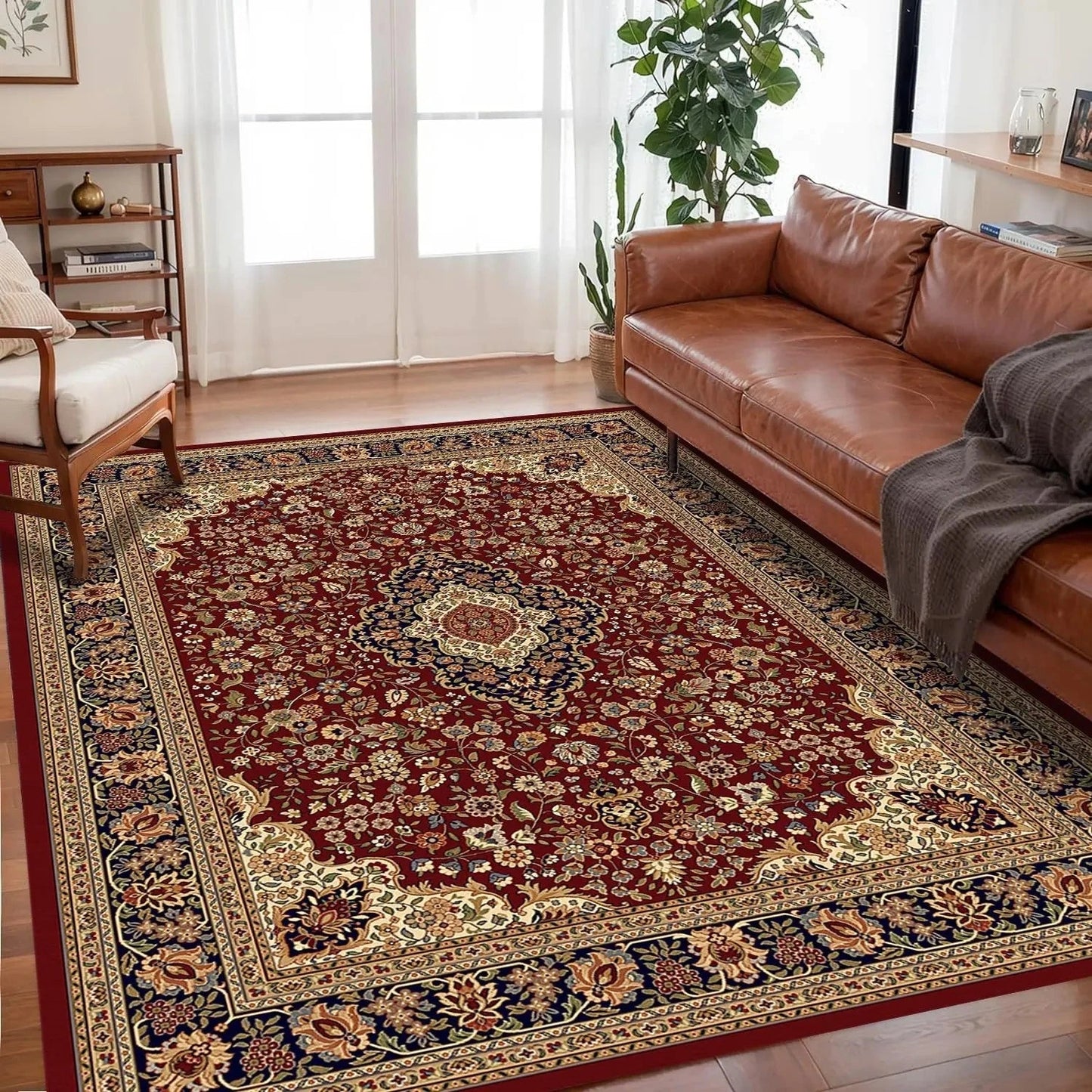 Persian Bohemian Area Rug with Medallion Pattern and Non-Slip Base
