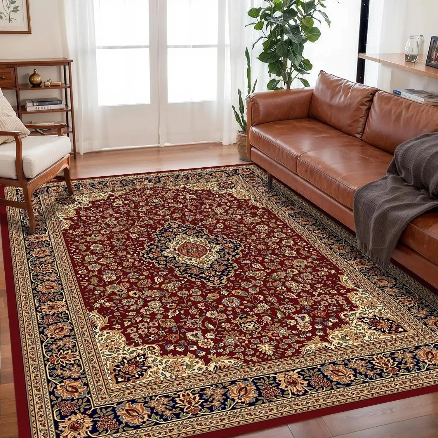 Persian Bohemian Area Rug with Medallion Pattern and Non-Slip Base