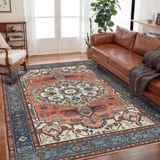 Persian Bohemian Area Rug with Medallion Pattern and Non-Slip Base