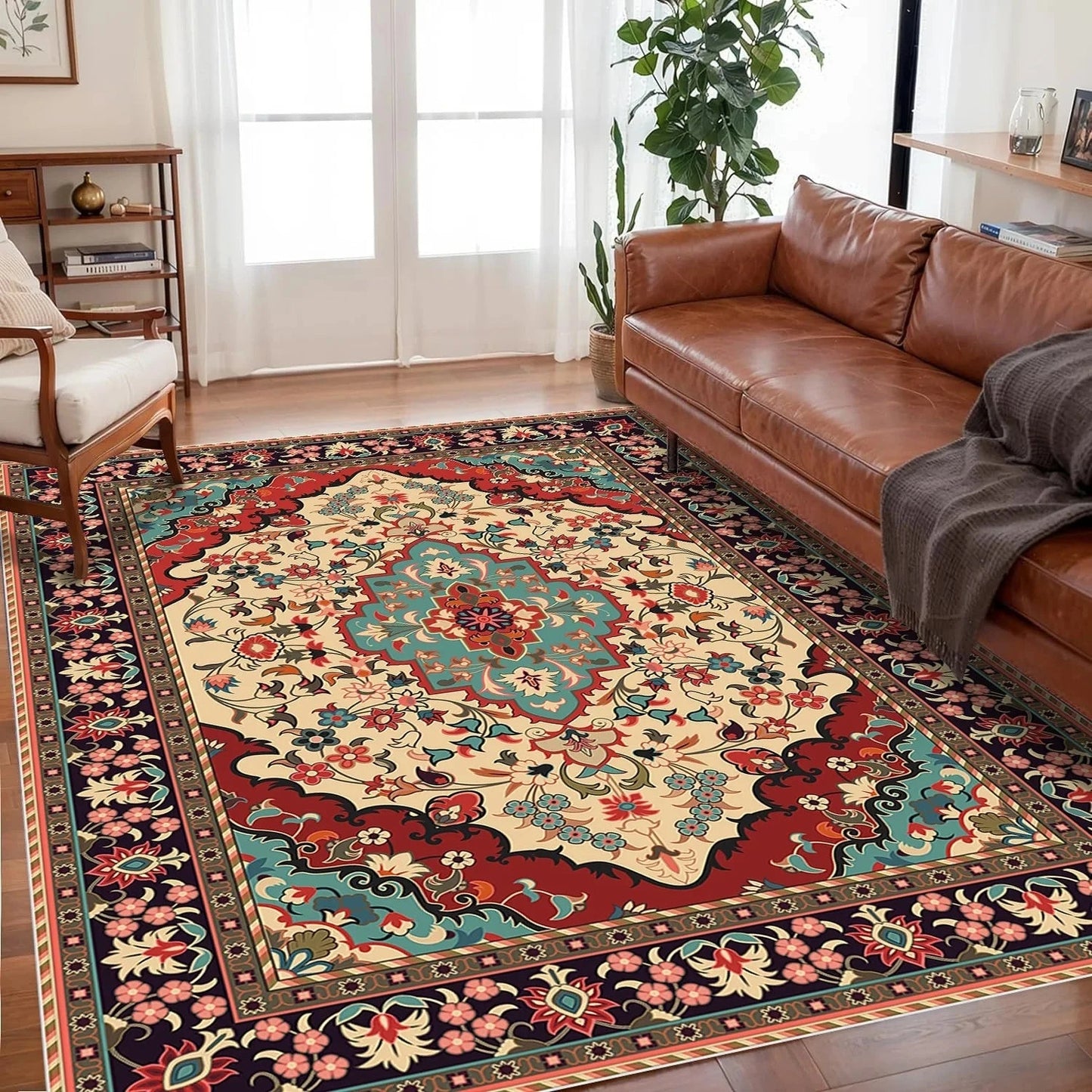 Persian Bohemian Area Rug with Medallion Pattern and Non-Slip Base